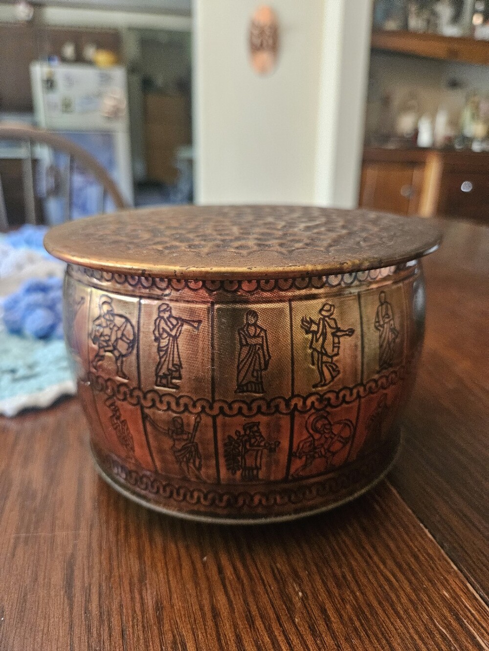 Vintage Hammered Copper Box Container West Germany Lid N9 Handle Roman Art